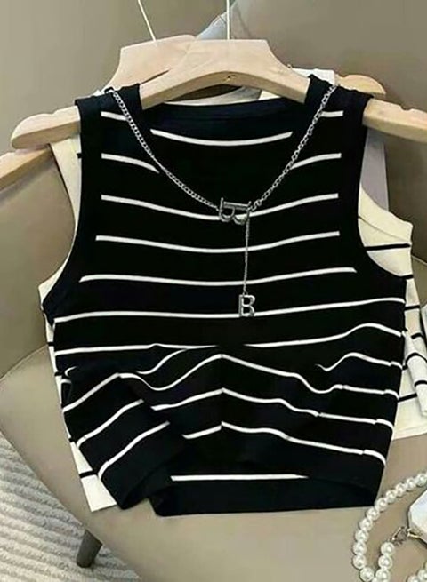 Women's T-shirt Made Of Ribbed Cotton - Black & White